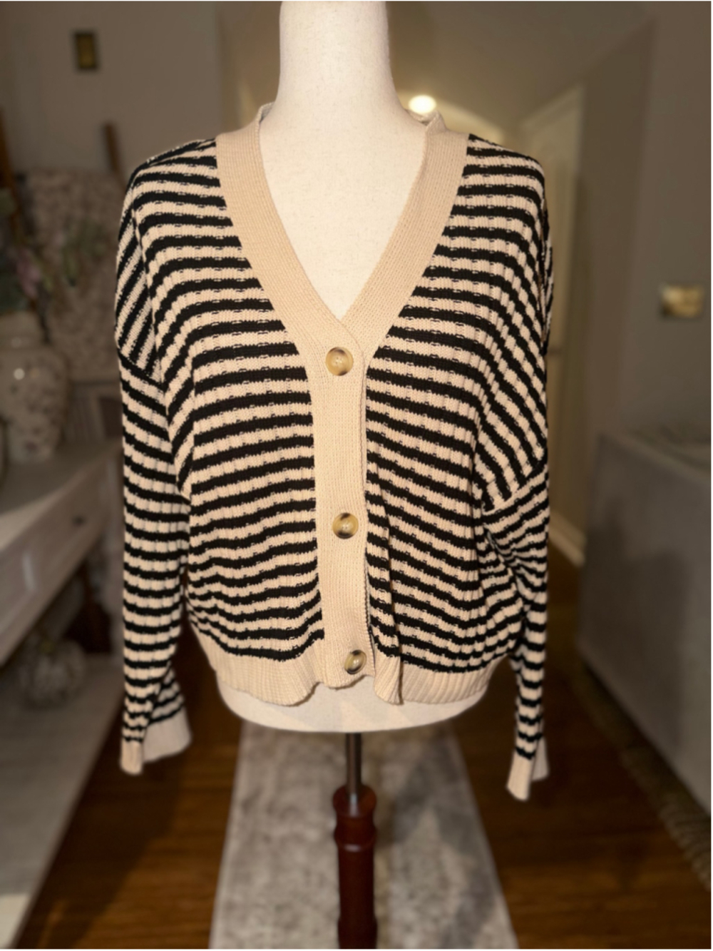 Women's Gilli Striped Cardigan Sweater Beige Black Size M NWOT